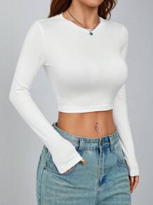 SHEIN PETITE Conjunto de 3 piezas de camisetas casuales y simples para mujeres, de cuello redondo, de manga larga y ajustadas en la Bottom