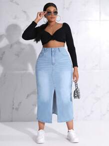Slaydiva Váy denim dài maxi xẻ tà túi size lớn cho nữ - Rửa nhẹ - Xem 6