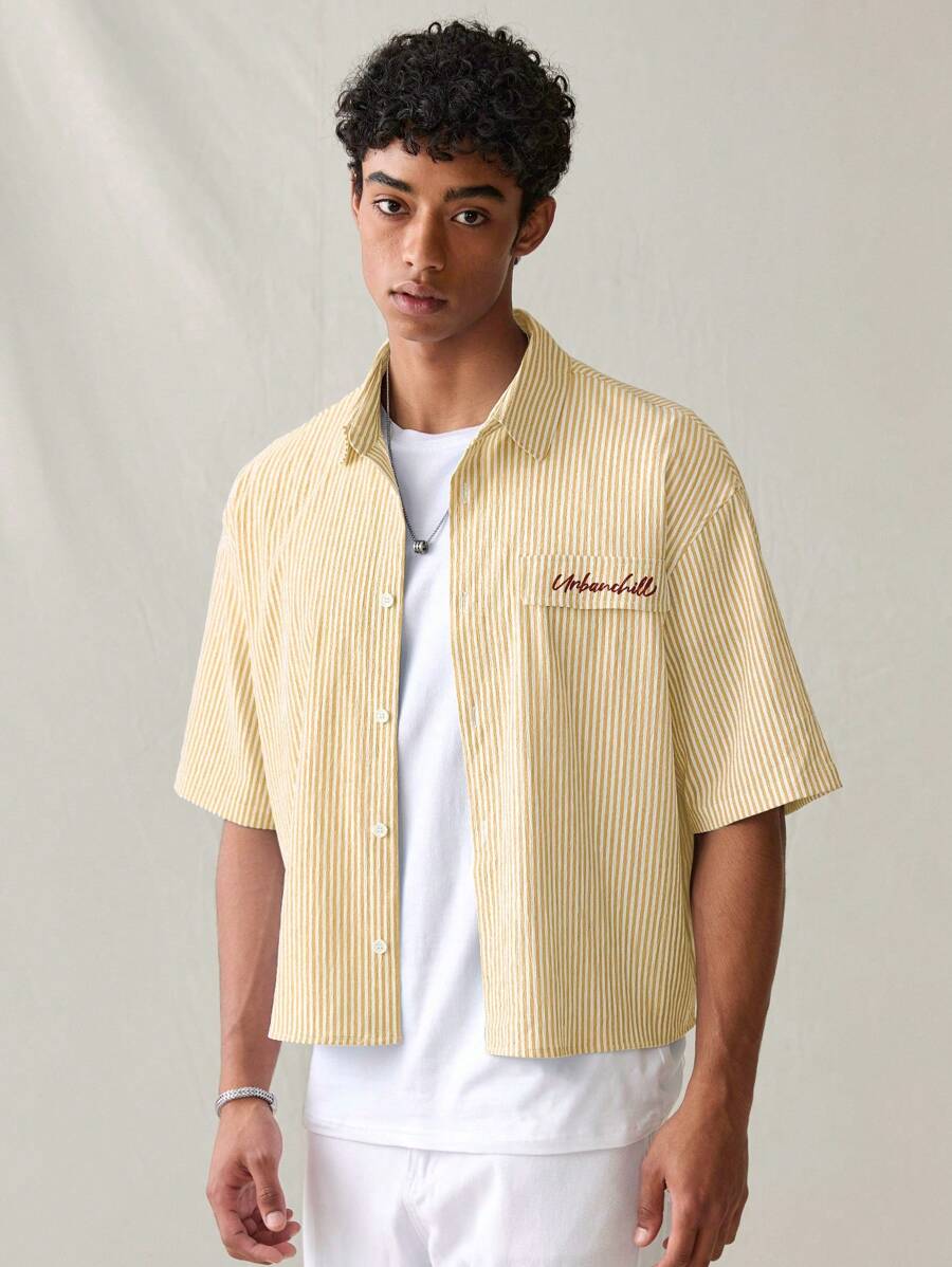 SWAVVY 男士休闲条纹印花宽松短袖衬衫，春夏 - 黃色 - 查看 1