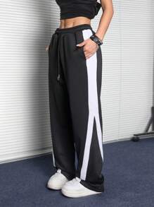 SHEIN EZwear 女士秋季运动装街头风格休闲运动拼布黑色运动裤 - 黑色 - 查看 1