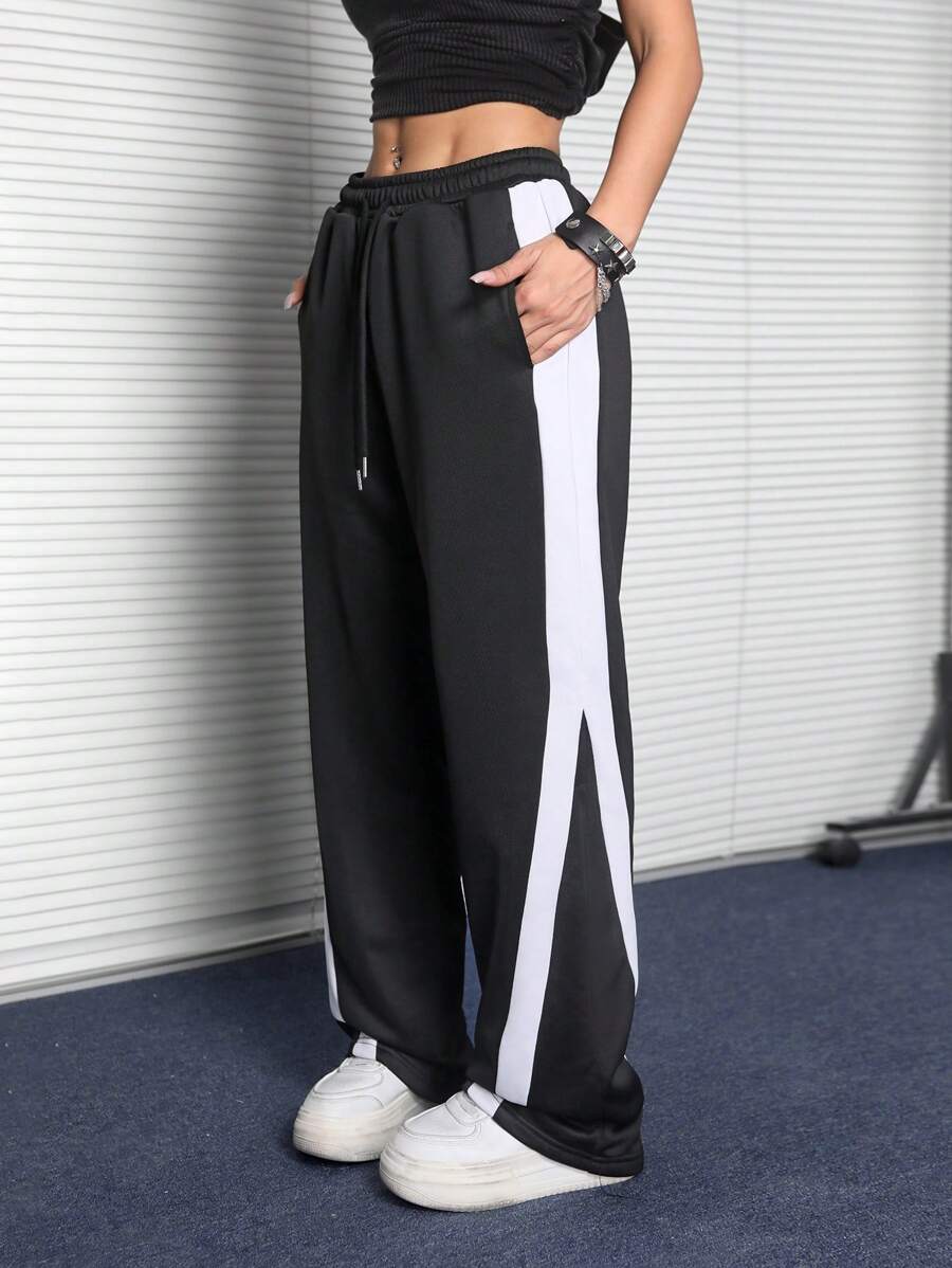 SHEIN EZwear 女士秋季运动装街头风格休闲运动拼布黑色运动裤 - 黑色 - 查看 1
