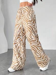 SHEIN EZwear 女士时尚斑马纹阔腿裤 - 卡其色 - 查看 3