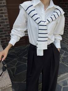 DAZY 女士条纹领带开衫针织毛衣，荷叶边