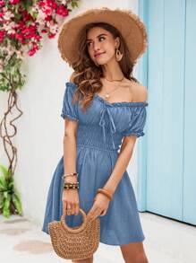 Vivid Eden Off Shoulder Ruffles Waisted Summer Beach Women Dress,Summer Dress,Mini Dress,Romantic,Summer Clothing,Vacation Style,For Beach Vacation