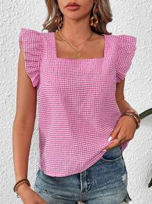 SHEIN VCAY Vacation Checkered Woven Cap Sleeve Square Neck Regular Fit Women's Shirt - Pink - View 3