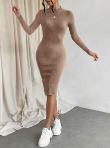 RueChic Mock Neck Split Thigh Sweater Dress - Camel - View 3