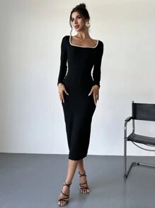 Firerie 女士优雅简约黑白撞色方领长袖紧身连衣裙，适合通勤 - 黑色 - 查看 2
