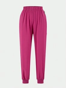 SHEIN TaskFit Bộ đồ đồng phục phẫu thuật quần áo đồng phục cổ chữ V màu trơn cỡ lớn cho nữ - Màu Hồng Tươi - Xem 5