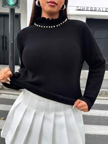 Flirla Plus Size Casual Faux Pearls Decor Stand Collar Sweater For Spring & Fall Knit Pullover Fall Winter - Black and White - View 8