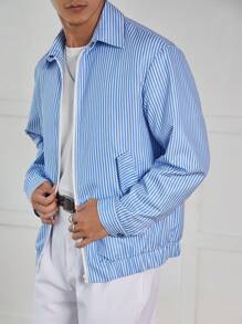 Manfinity Hypemode Chaqueta con cremallera de manga larga a rayas azules y blancas para hombre, para primavera/otoño