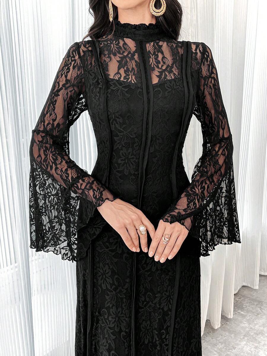 Modelyn Women's Solid Color Black Contrast Lace Minimalist Arabian-Style Casual Modest Long Sleeve Dress Long Evening Dresses - Black - View 1