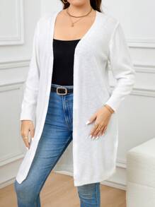 SHEIN LUNE Plus Size Women Open Front Long Sleeve Cardigan, Spring Autumn - White - View 4