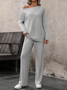 Chiquease Set de 2 piezas Conjunto de ropa interior térmica con top de manga larga con hombros abiertos y diseño de alas de murciélago metálico junto con pantalones largos casuales para mujer en invierno - Negro - Ver 5