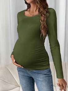 SHEIN Maternity Spring Summer Solid Color Round Neck Long Sleeve Ruched Slim Fit T-Shirt Fall - Army Green - View 7