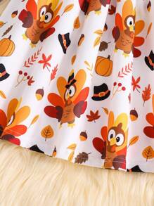 SHEIN Váy dài tay cổ tròn họa tiết hoạt hình gà tây cho bé gái mùa thu - trắng - Xem 5