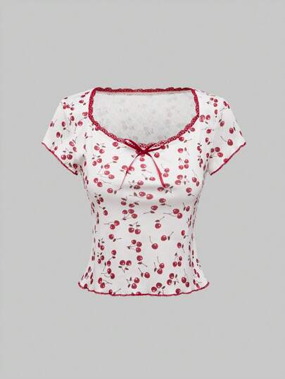 Kawaii Camiseta informal para mujer con cuello cuadrado y gráfico de cereza y lazo
