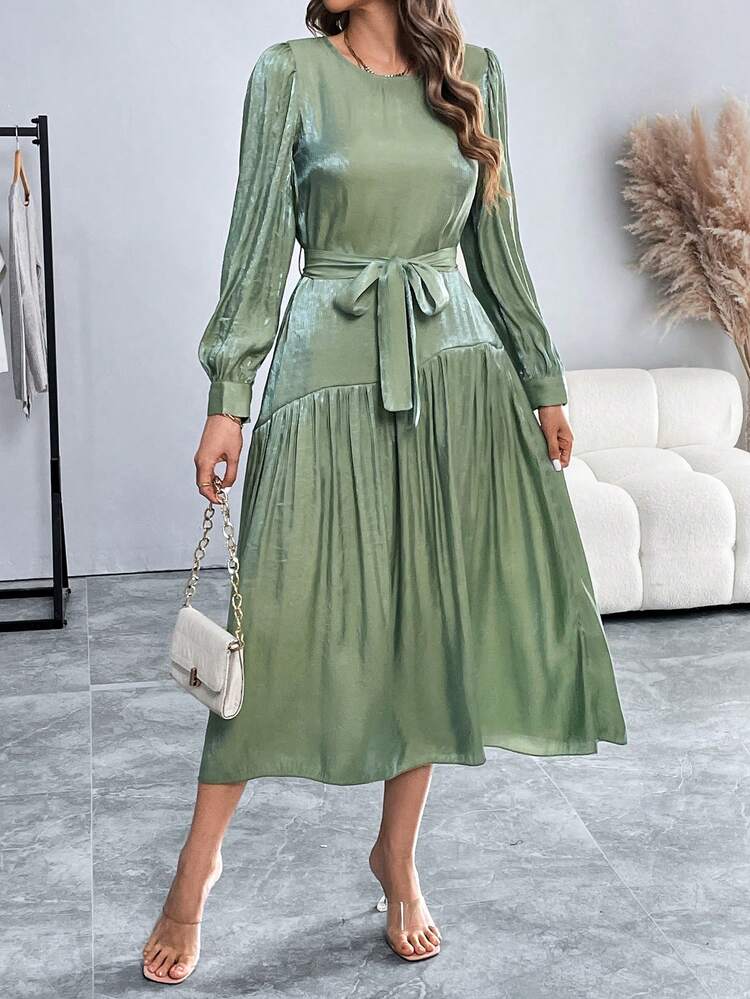 Chiquease Women's Elegant Solid Color Puff Sleeve Dress, Spring Autumn - Green - View 1