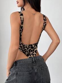 SHEIN EZwear Women's Fashionable Square Neck Sleeveless Leopard Print Backless Bodysuit, Summer - Multicolor - View 2