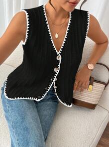 SHEIN Frenchy Áo len dệt kim dáng rộng giản dị họa tiết hoa mùa xuân hè dành cho nữ, màu đen - màu đen - Xem 1