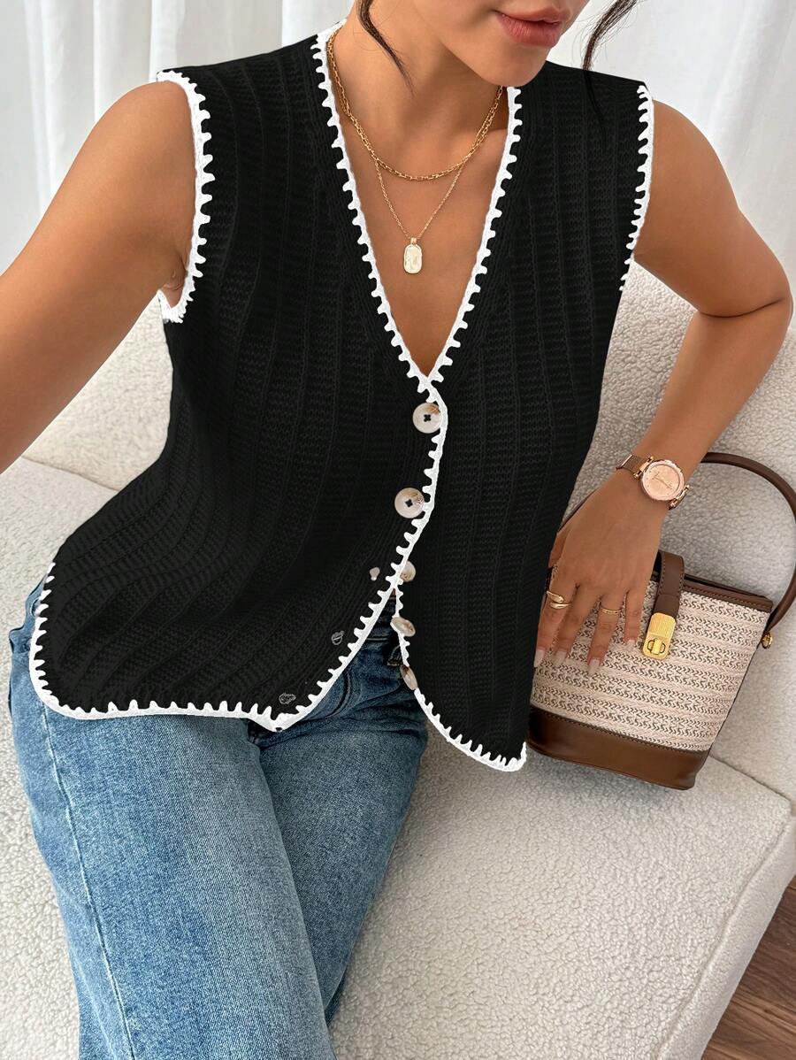 SHEIN Frenchy Áo len dệt kim dáng rộng giản dị họa tiết hoa mùa xuân hè dành cho nữ, màu đen - màu đen - Xem 1