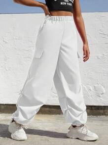 SHEIN Explorewe Spodnie casualowe dla dziewcząt w jednolitym kolorze z elastyczną talią i kieszeniami - Biały - Zobacz 4