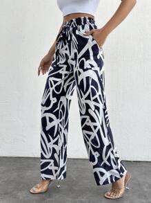 SHEIN PETITE Allover Print Belted Wide Leg Summer Pants Flowy Pants - Black and White - View 3