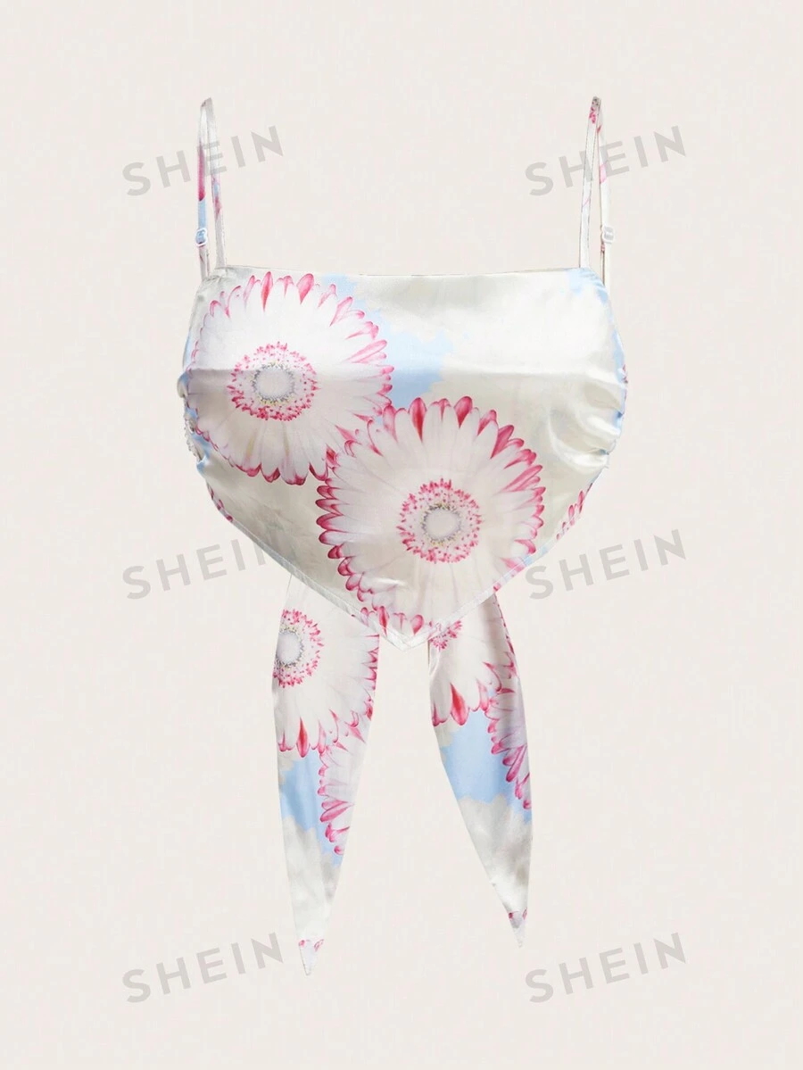 SHEIN MOD Blusa informal de mujer con estampado floral, tirantes, dobladillo asimétrico y lazo en la espalda