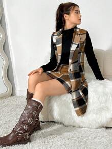 3pcs Teen Girls Plaid Suit Set: Blazer Vest Pencil Skirt, Fitted Blouse, Casual To Formal Wear, Autumn Winter - Multicolor - View 4