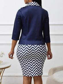SHEIN Clasi 2pcs Women's Elegant Geometric Contrast Print Lapel Blazer And Skirt Set