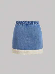 SHEIN MOD Plus Size Fluffy Denim Mini Skirt, Vintage Patchwork Cute Design - Multicolor - View 2