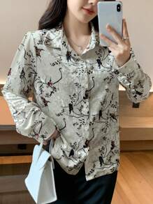 DAZY 1pc Women's Full Floral Print Long Sleeve Blouse,Fall Clothes Graphic Tee - Apricot - View 3