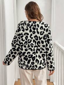 SHEIN Frenchy Women's Simple Leopard Print Long Sleeve Regular Jacket, Autumn/Winter,Autumn And Winter Warm Round Collar Leopard Print Jacket,Winter Women Coat,Teddy Coat,Flannel Jacket Fleece Jacket Fall Women Jackets Cheetah