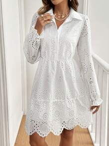 SHEIN Frenchy Women's Solid Color Laser Cut Embroidered Ruffle Hem Dress, Spring/Summer Winter New Year White - White - View 3