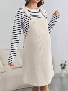 SHEIN Váy bầu màu mơ trơn có túi vá, không có áo len kết hợp với áo phông trắng - Màu be - Xem 5