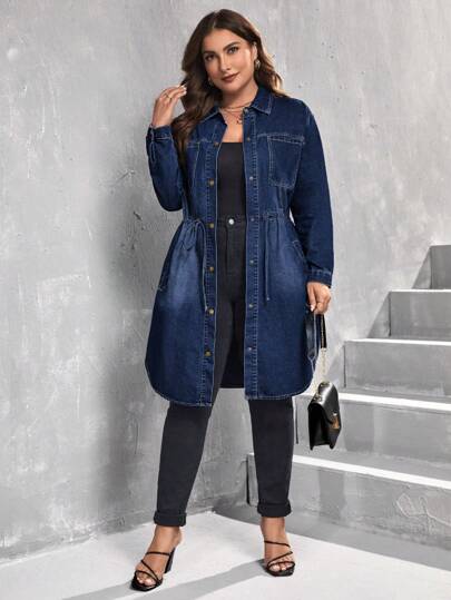 EMERY ROSE Mature Denim Plus Size Women Drawstring Waist Long Sleeve Casual Loose Denim Jacket, Spring & Autumn, Fall Women Clothes