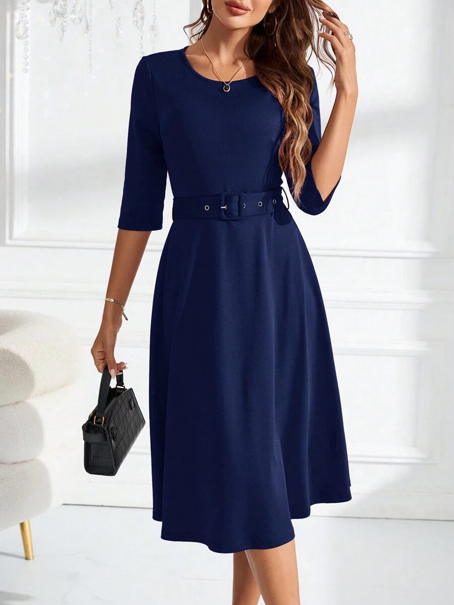 SHEIN Clasi Damen Maxi Kleid mit rundem Ausschnitt, 3/4 Ärmeln, Kordelzug und einfarbigem Design für den Sommer