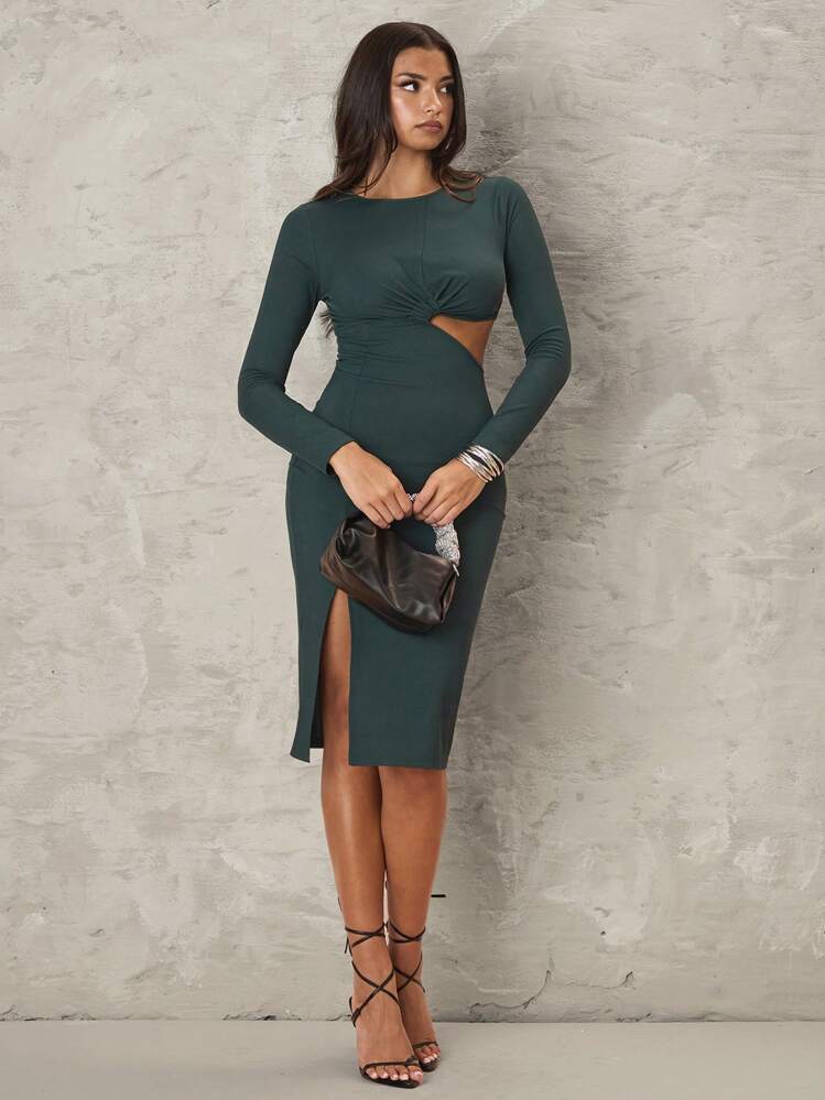 Glamine Cutout Waist Slit Hem Fitted Long Sleeve Dress Crew Neck Skinny Women Dresses Green Women Dresses Long Sleeves Woman Dress Asymmetrical
