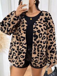 SHEIN Frenchy Plus Size Leopard Print Fluffy Pocket Jacket For Women - Multicolor - View 1