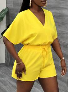 Slaydiva Casual V Neck Bat Sleeve Short Sleeve Shorts Yellow Women's Jumpsuit-C