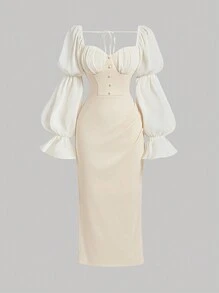 SHEIN MOD 大码米色复古褶饰浪漫女式长裙、派对礼服、返校节秋装 - 杏色 - 查看 1