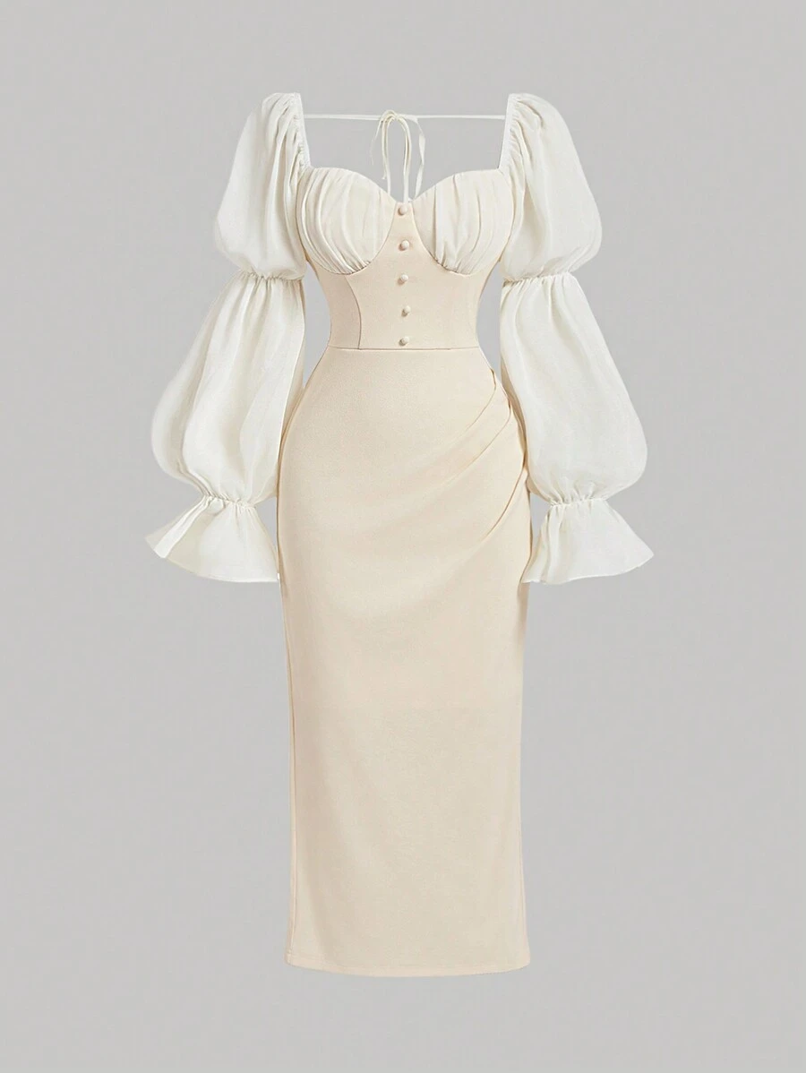 SHEIN MOD 大码米色复古褶饰浪漫女式长裙、派对礼服、返校节秋装 - 杏色 - 查看 1