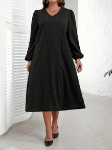 EMERY ROSE Vestito casual a maniche lunghe da caduta con scollo a V tinta unita, adatto alle taglie forti per vacanza