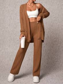 EURMUSE Drop Shoulder Cardigan & Knit Pants - Bronze - View 1
