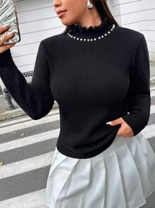 Flirla Plus Size Casual Faux Pearls Decor Stand Collar Sweater For Spring & Fall Knit Pullover Fall Winter - Black and White - View 6