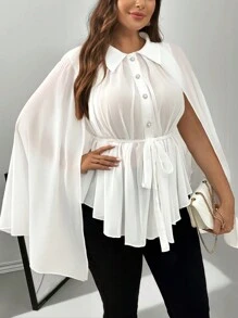 SHEIN Privé Plus Size Women Minimalist Comfortable Pleated White Blouse For Work & Prom - White - View 3