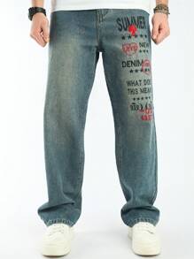 Manfinity Homme Men's Slogan Print Relaxed Fit Straight Leg Casual Baggy Jeans