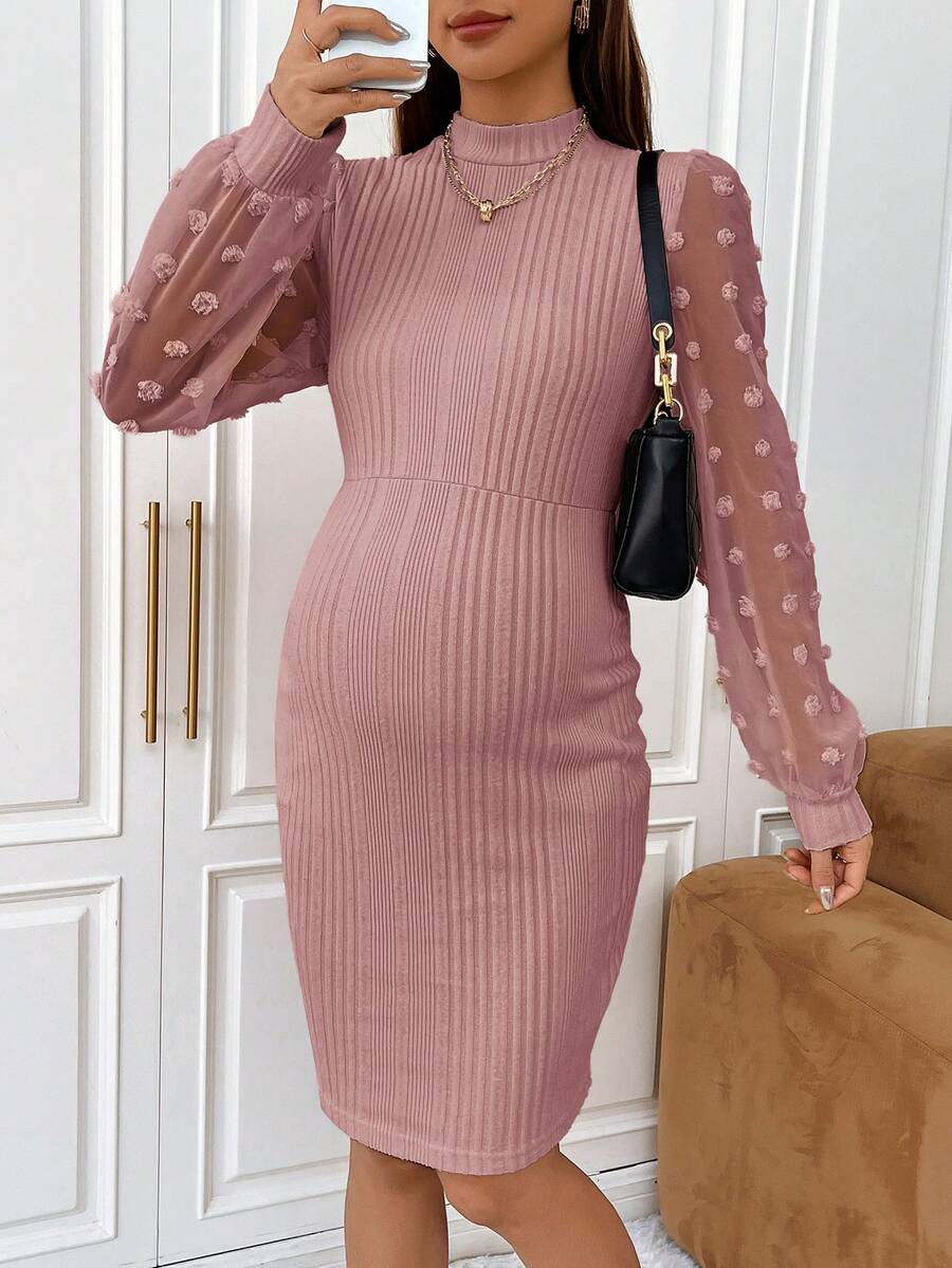 SHEIN Thai sản Đứng cổ áo Tay áo lồng đèn Quần bó Sọc Đầm - Hồng - Xem 1