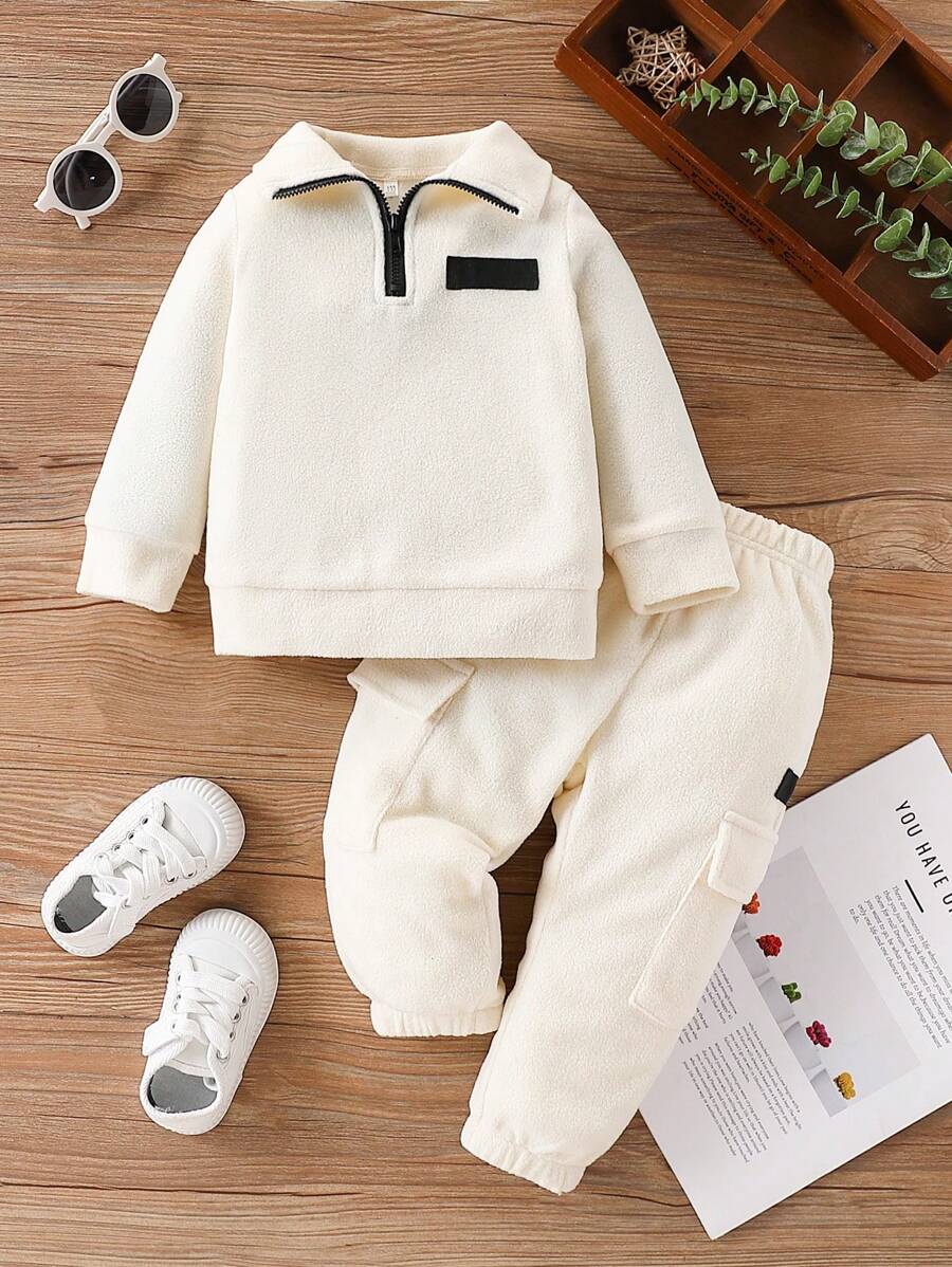 Toddler Girl Fashion Fleece Collared Sweatshirt And Elastic Waist Pocket Sweatpants Set