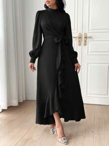 Modelyn Women Fashion Solid Color Belted Long Sleeve Dress,Elegant Evening Party Dress Long Evening Dresses - Black - View 4