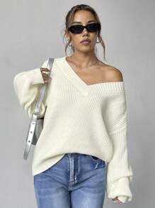 Flirla Women Loose Fit V-Neck Sweater,Long Sleeve Tops, Knit Pullover Fall Winter - White - View 5
